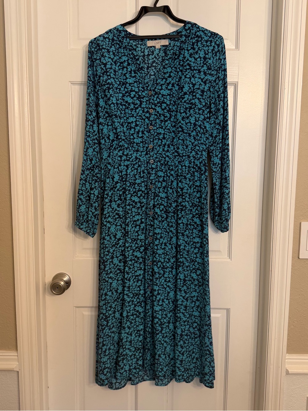 LOFT Teal and Black Floral Button-Front Long Sleeve Midi Dress